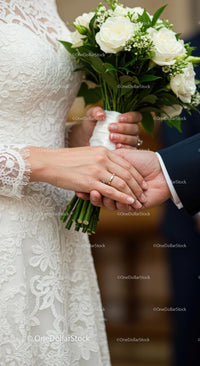 Romantic Wedding Moment with Bride and Groom Holding Hands