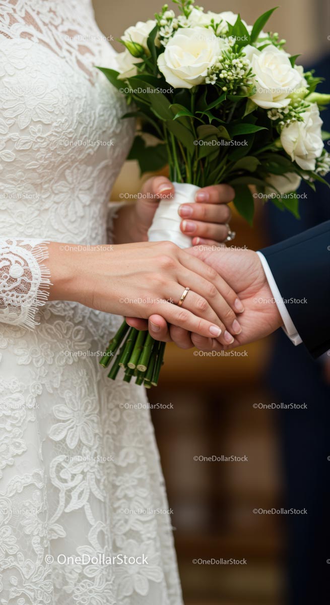 Romantyczna chwila ślubu z panną młodą i panem młodym trzymającymi się za ręce