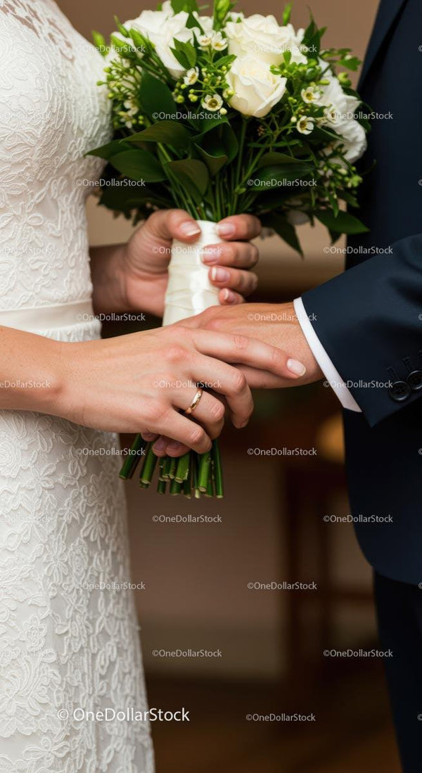 Bride and Groom Holding Hands with Bouquet