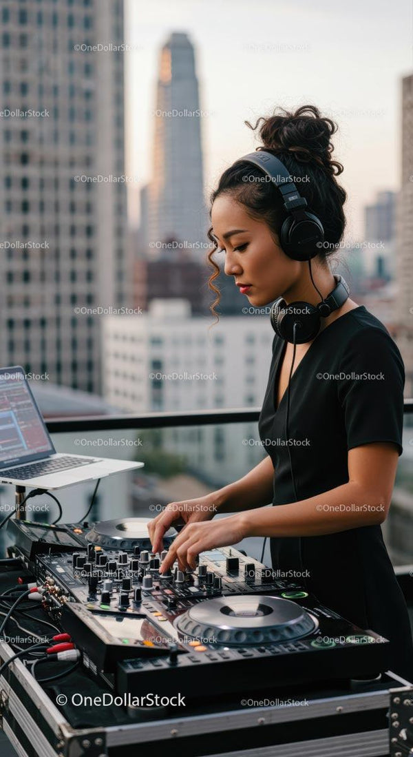 Female DJ Mixing Tracks at Rooftop Party