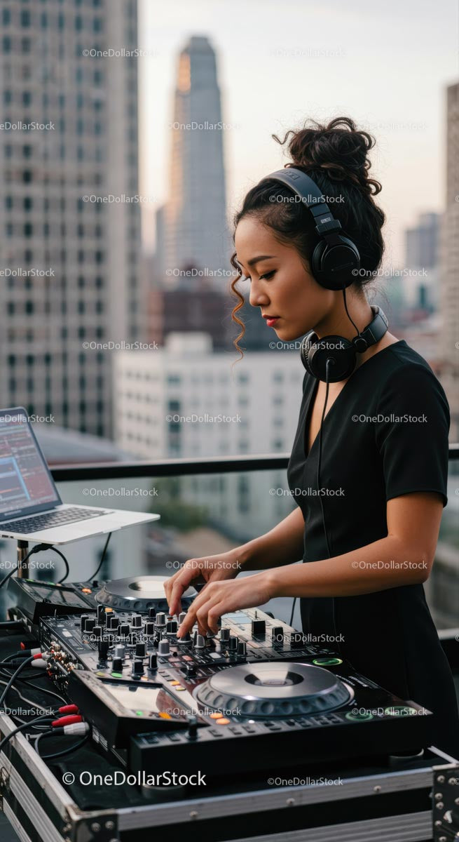 DJ-ka miksująca utwory na imprezie na dachu