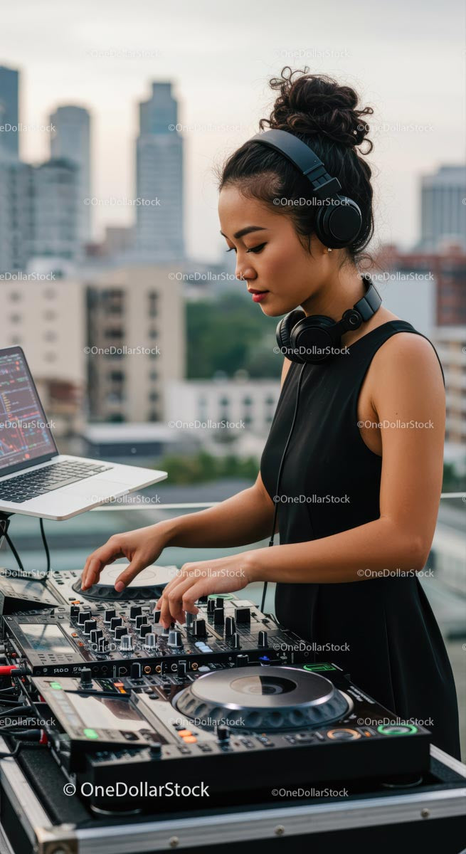 Female DJ Mixing Music on Rooftop with City Skyline View