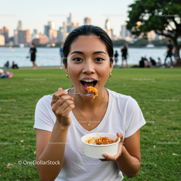 Woman Enjoying a Meal in an Urban Park with City Skyline