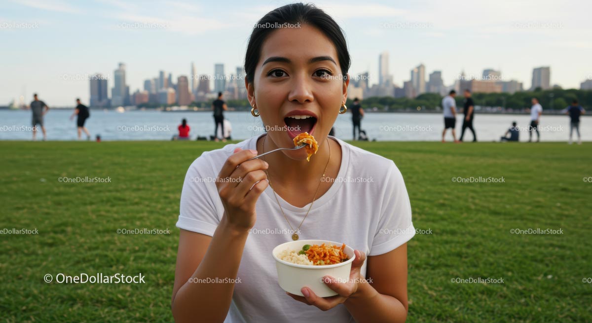Woman Enjoying a Meal in a Vibrant Urban Park Setting