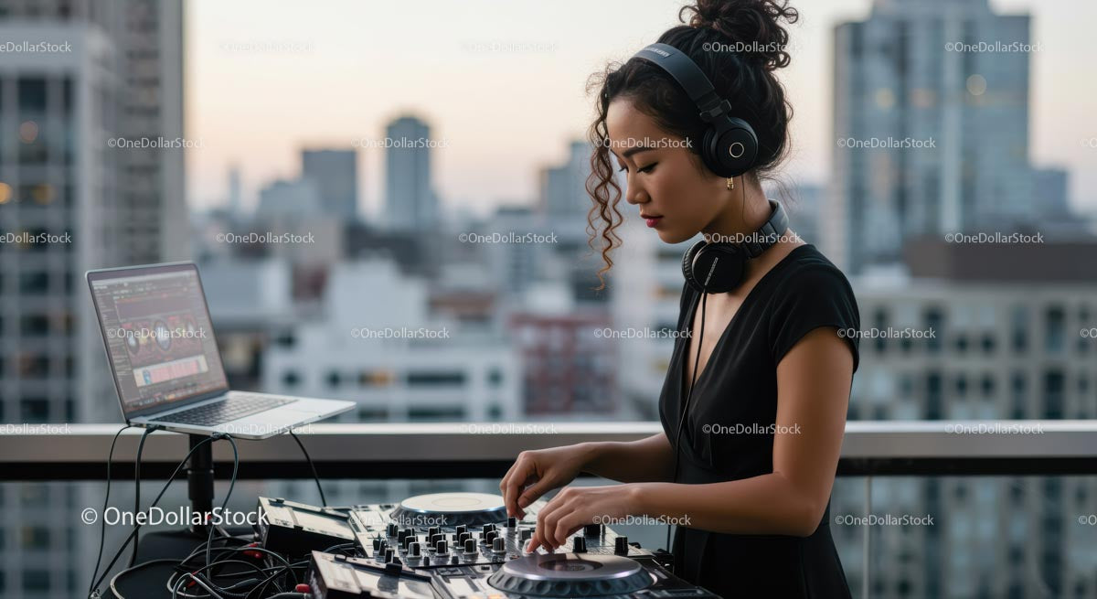 DJ Mixing Music at a Rooftop Party with City Skyline