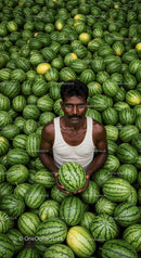 Vendor Surrounded by Fresh Watermelons in Local Market
