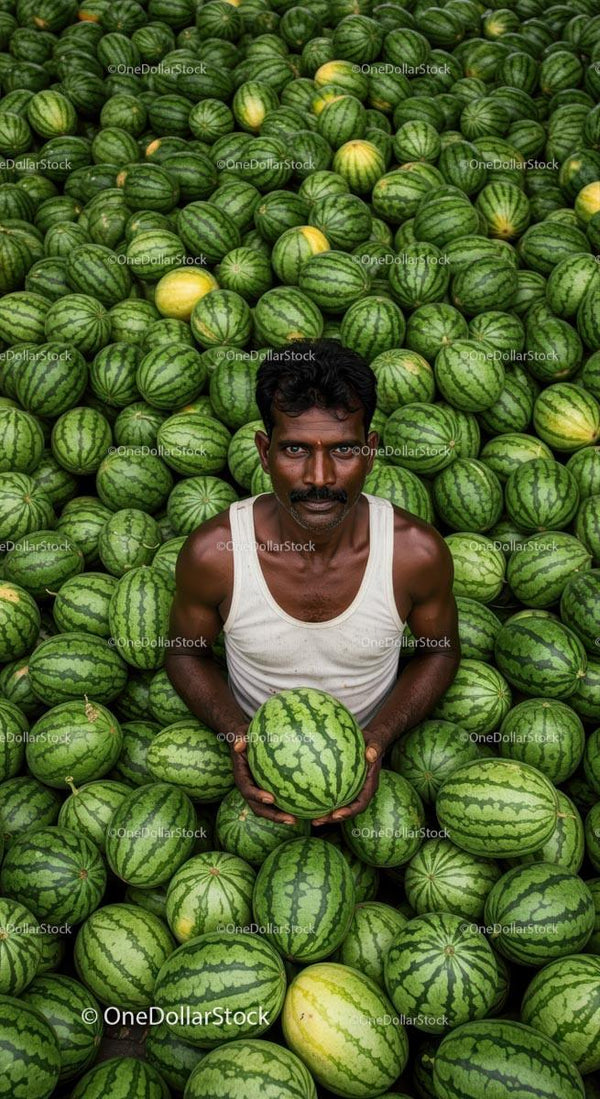 Vendor Surrounded by Fresh Watermelons in Local Market
