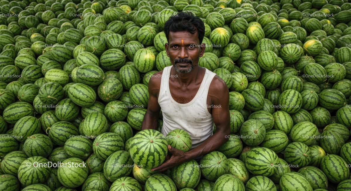 Farmer Amidst Abundant Watermelon Harvest