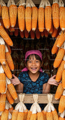 Joyful Girl Amidst Hanging Corn in Vibrant Market Scene