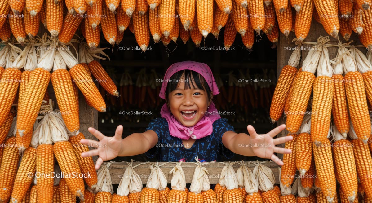Smiling Child Amidst Hanging Corn Cobs