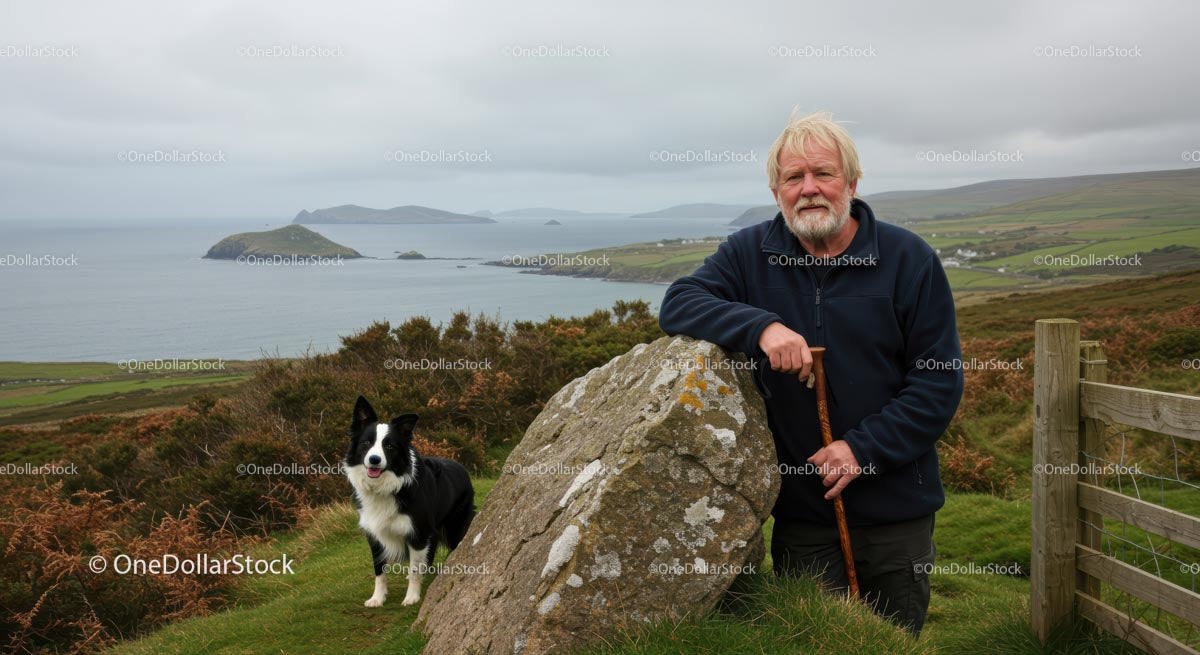 Elderly Man with Border Collie on Coastal Hillside