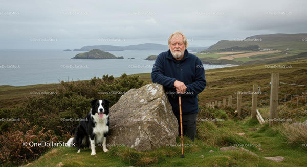 Elderly Man with Border Collie in Scenic Coastal Landscape