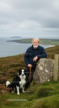 Man and Border Collie Amidst Coastal Cliffs