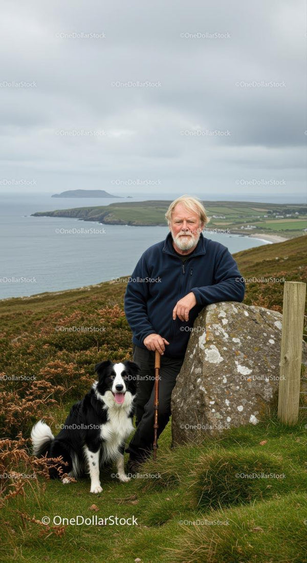 Man and Border Collie Amidst Coastal Cliffs