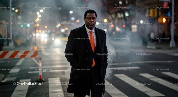 Businessman Walking on Foggy Urban Street at Night