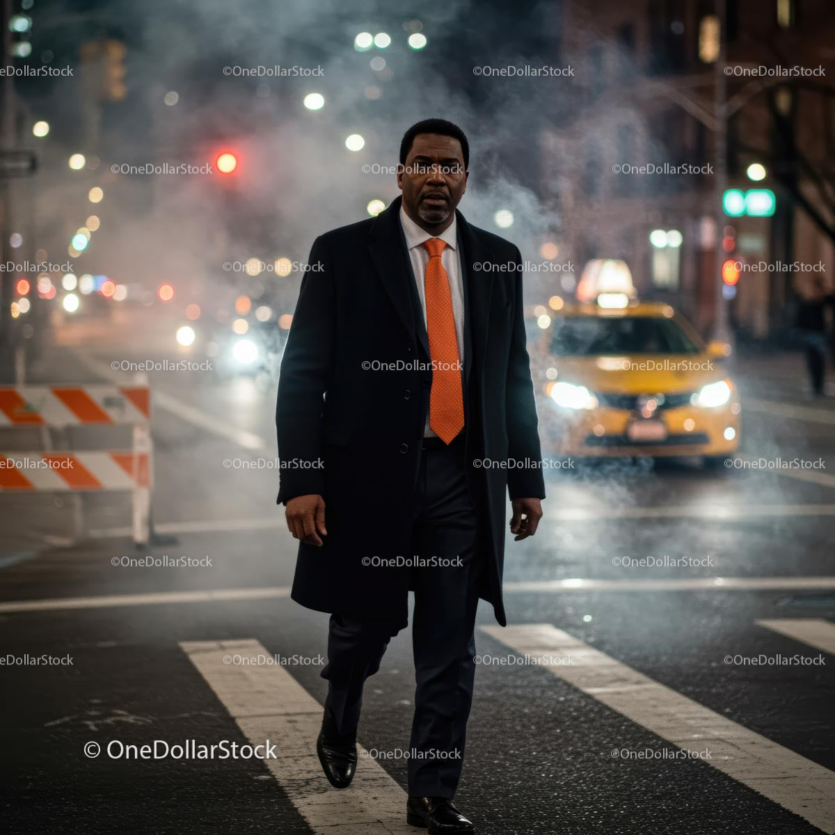 Businessman in Orange Tie Crossing a Busy City Street at Night