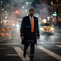 Businessman in Orange Tie Crossing a Busy City Street at Night