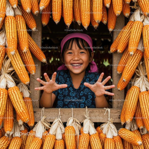 Joyful Girl Amidst Hanging Corn in Rustic Setting