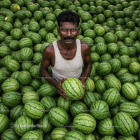 Vendor Surrounded by Fresh Watermelons at Fruit Market