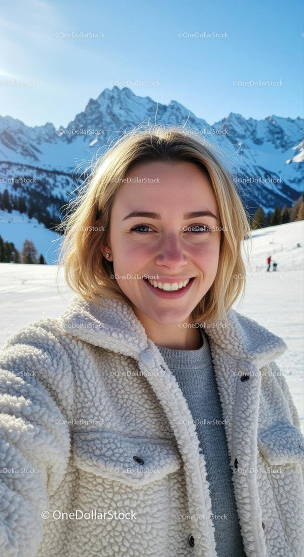 Smiling Woman Enjoying a Winter Day with Snowy Mountain Views
