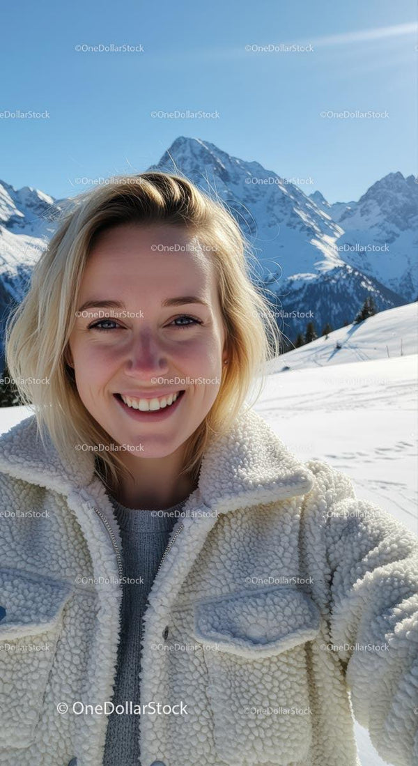 Smiling Woman in Winter Wonderland with Snowy Mountains