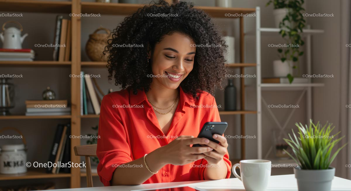 Smiling Woman Using Smartphone in Cozy Home Office