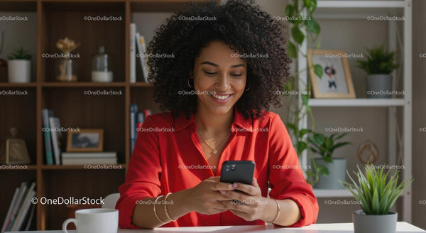 Smiling Woman Using Smartphone in Modern Home Office