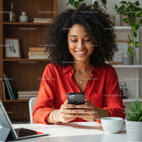 Smiling Woman Using Smartphone in Cozy Home Office