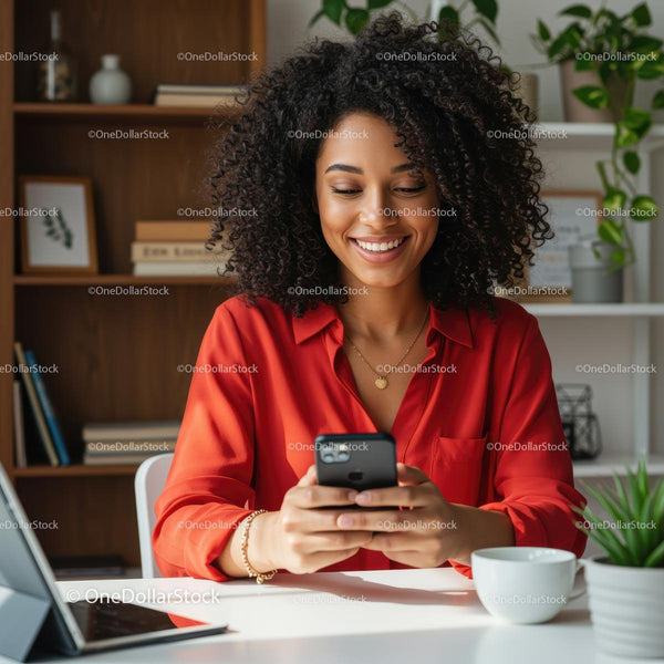 Smiling Woman Using Smartphone in Cozy Home Office
