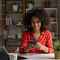 Smiling Woman Using Smartphone in Cozy Home Office
