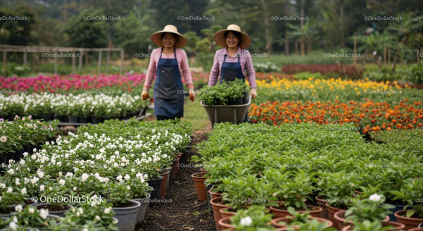 Women Working in Vibrant Flower Nursery Garden