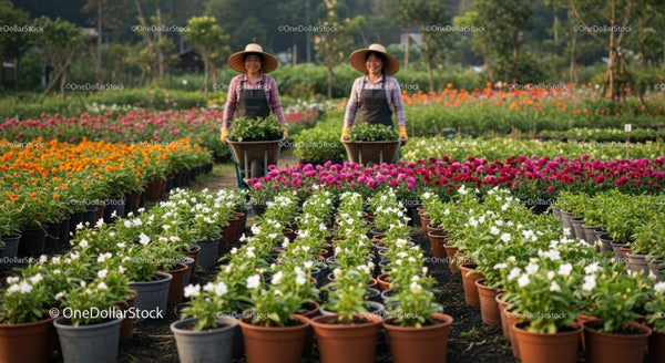 Asian Women Working in Lush Flower Nursery with Colorful Blossoms