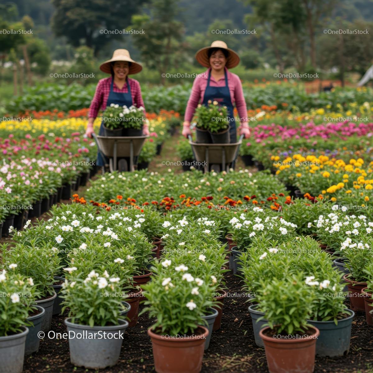 Women Gardeners with Floral Pots in Vibrant Nursery