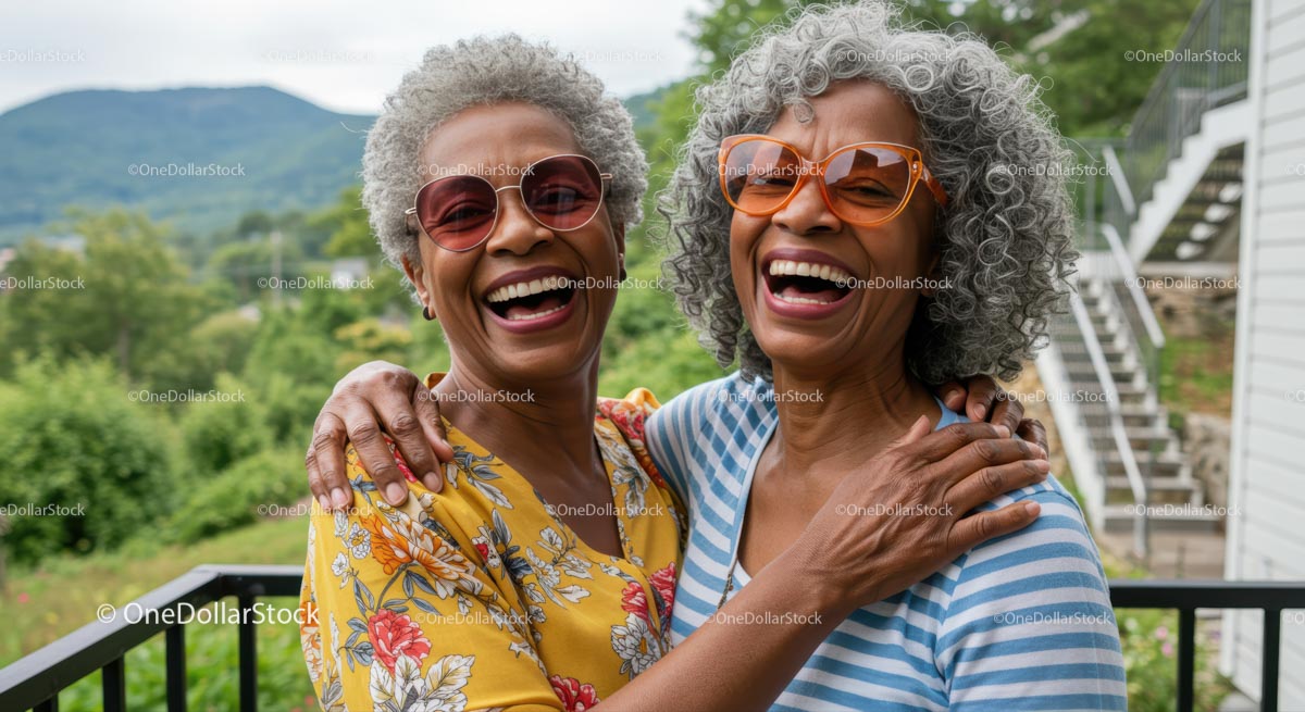 Joyful Senior Women Laughing in Vibrant Outdoor Setting
