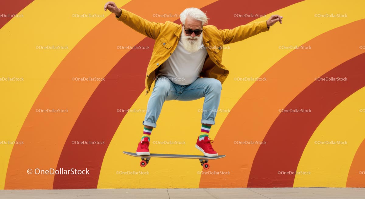 Starszy skater wykonujący sztuczki przed kolorowym muralem