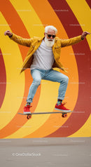 Senior Man Skateboarding Against Vibrant Wall