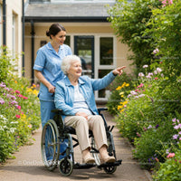 Nurse Assisting Elderly Woman in Wheelchair in Blooming Garden