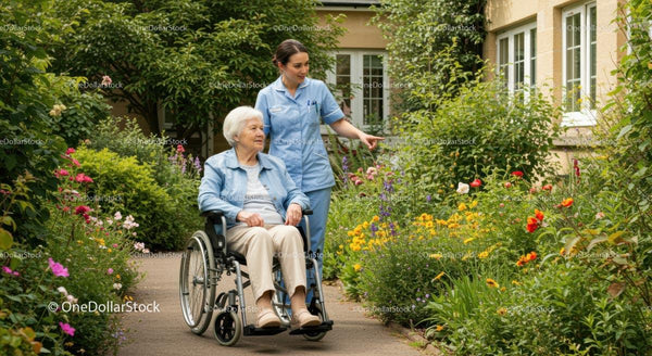 Senior Woman in Wheelchair with Nurse in Colorful Garden