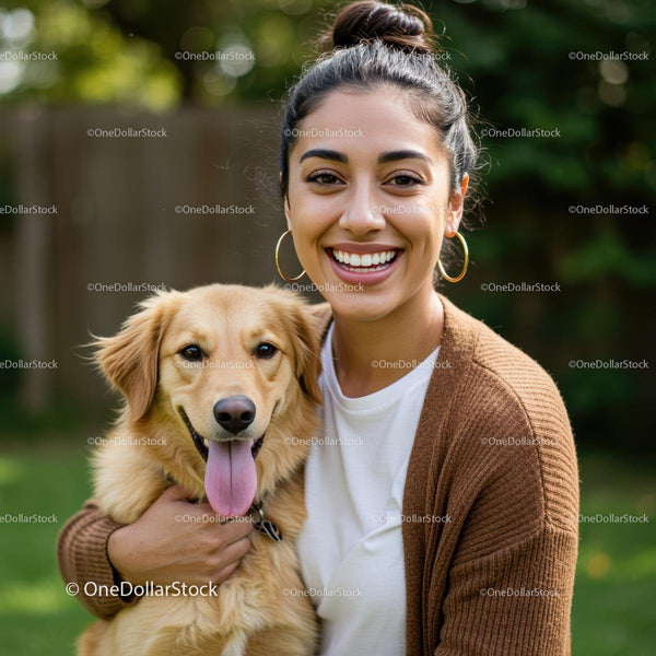 Smiling Woman with Golden Retriever Outdoors