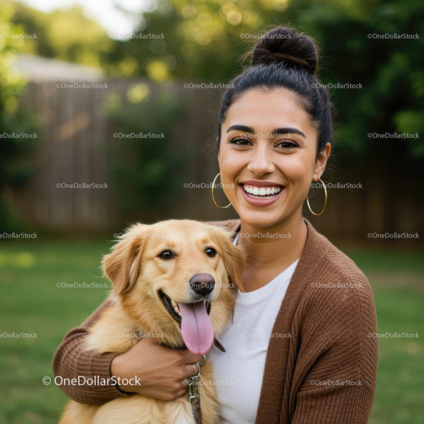 Joyful Woman with Golden Retriever in Sunny Garden