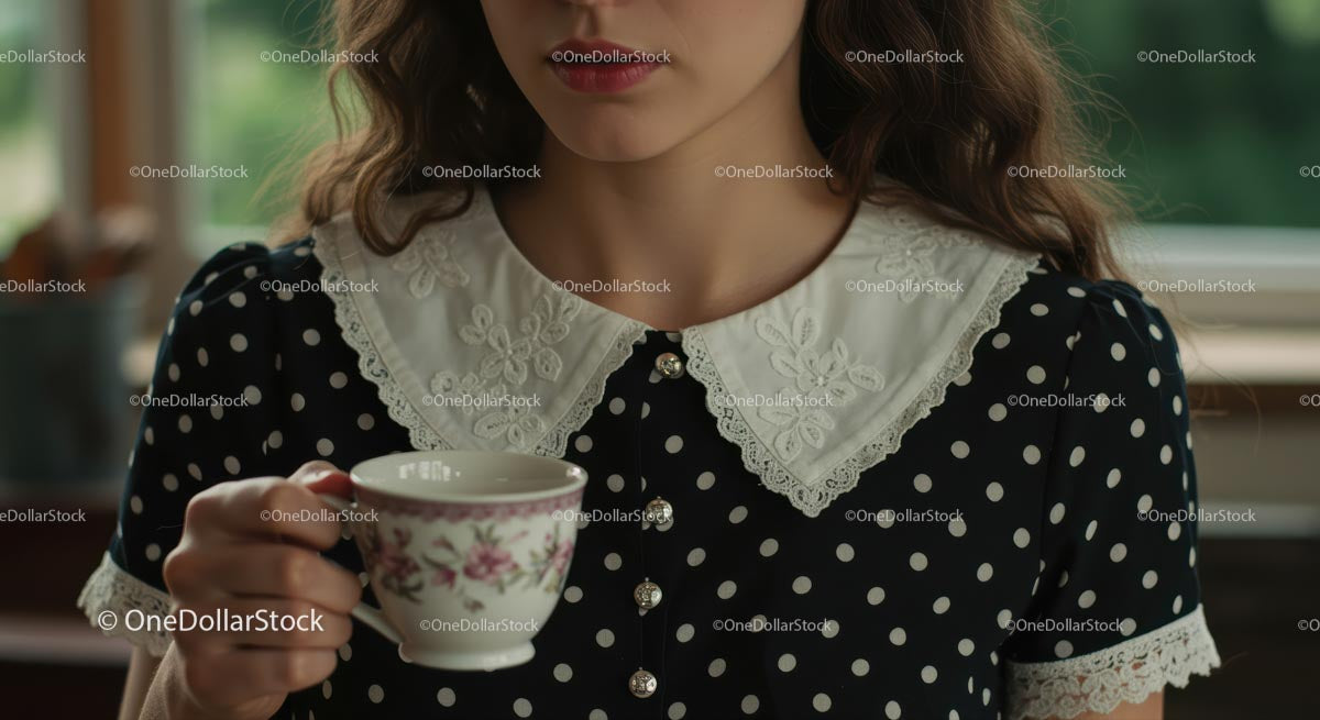 Young Woman in Polka Dot Dress Holding Teacup