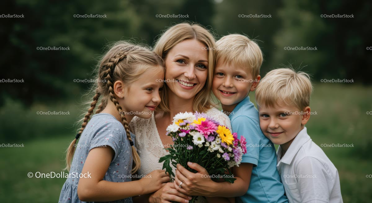 Uśmiechnięta rodzina z bukietem kolorowych kwiatów na zewnątrz