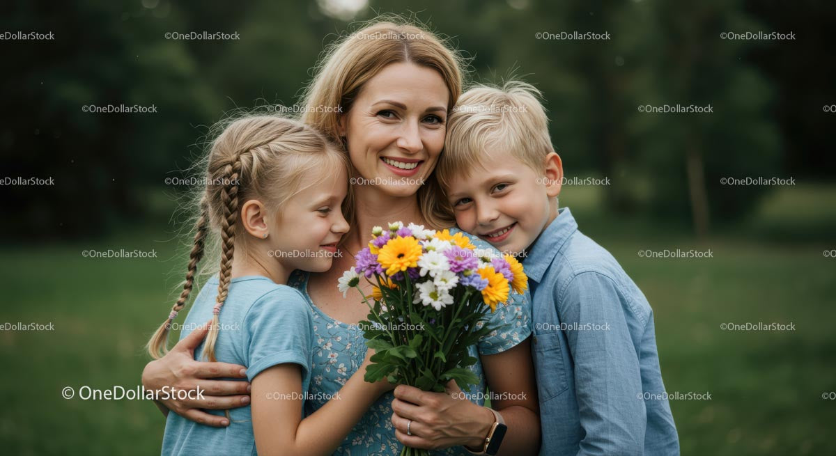 Uśmiechnięta matka z dziećmi trzymająca kolorowy bukiet