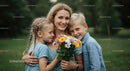 Smiling Mother with Children Holding Colorful Bouquet