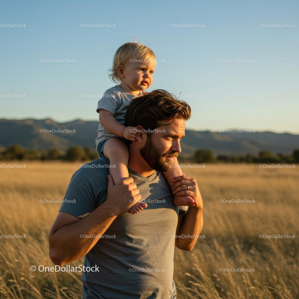 Father and Child Enjoying Golden Sunset in the Field