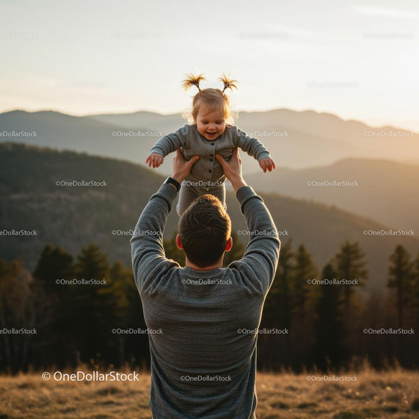 Father Lifting Happy Baby Outdoors in Scenic Mountain View