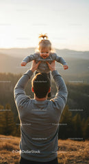 Father Lifting Toddler in Scenic Sunset Landscape