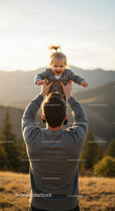 Father Lifting Smiling Toddler Against Mountain Backdrop
