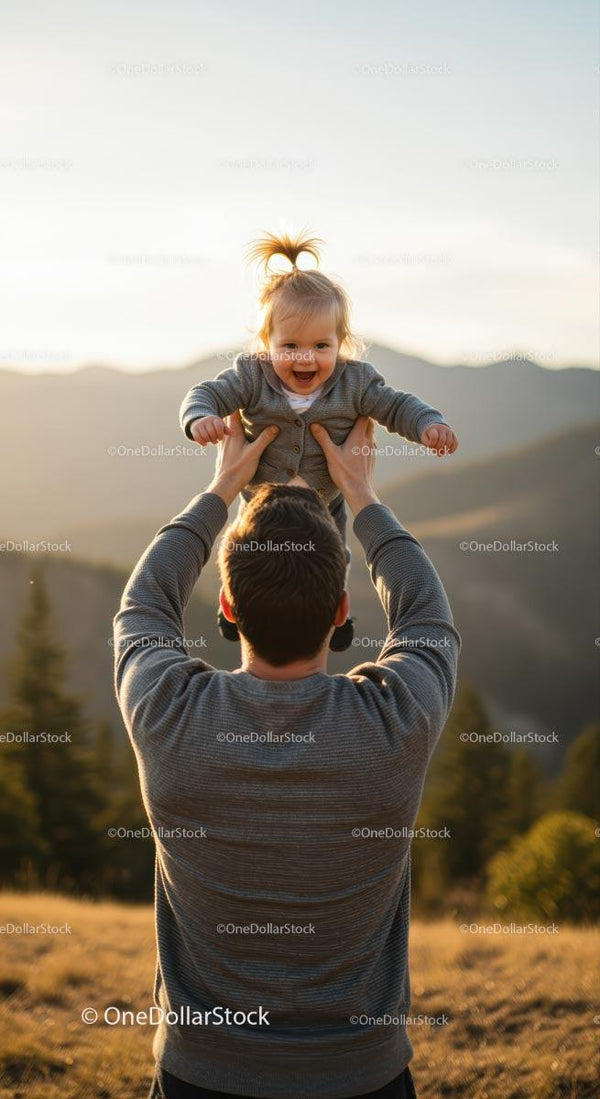 Father Lifting Smiling Toddler Against Mountain Backdrop