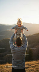 Father Lifting Happy Child in Scenic Mountain Sunset